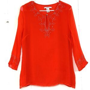 Edward Orange 100% Silk Blouse Size L Sequined Keyhole Neckline Top Size Large